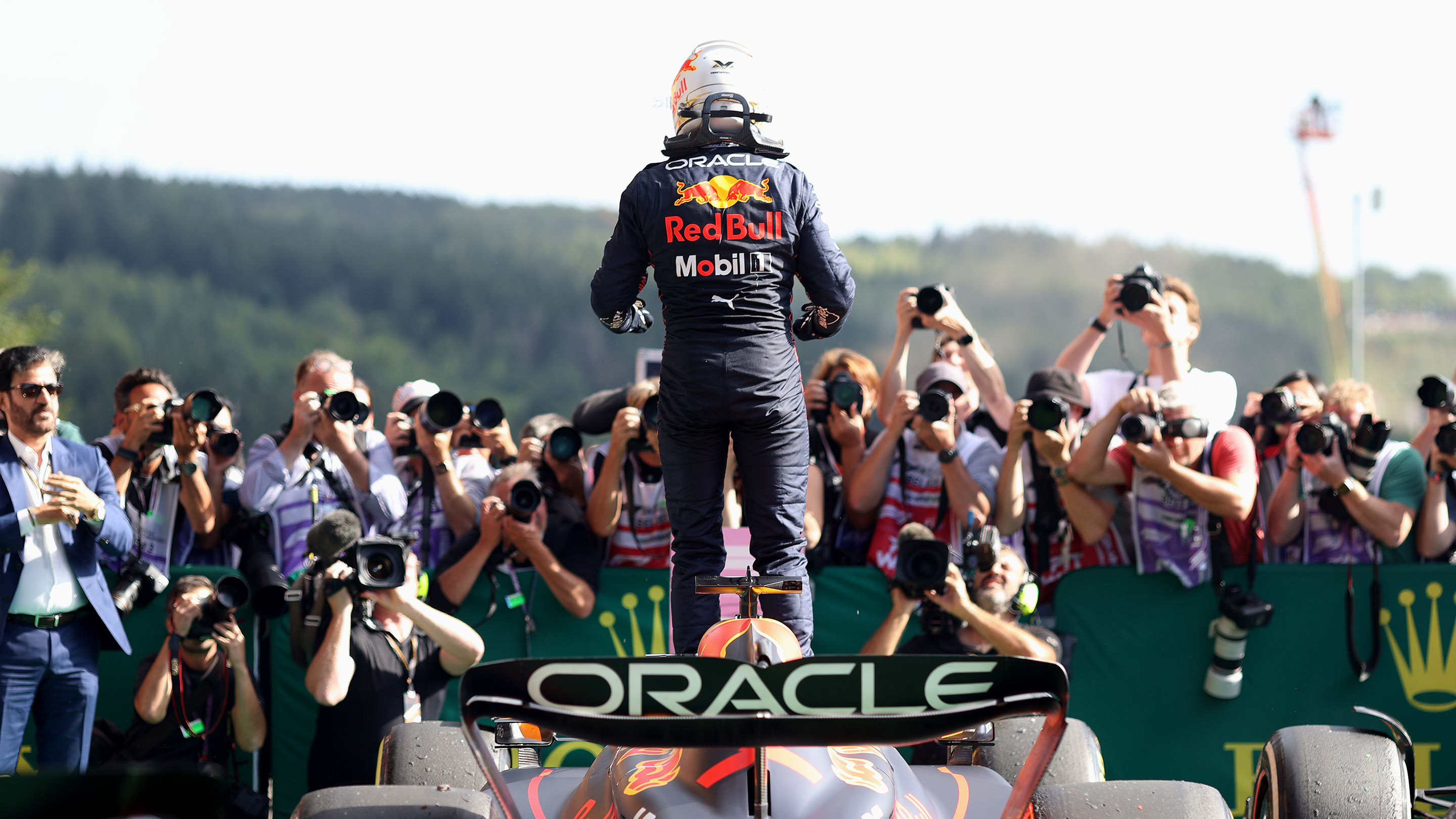SPA, BELGIUM - AUGUST 28: Race winner Max Verstappen of the Netherlands and Oracle Red Bull Racing celebrates in parc ferme during the F1 Grand Prix of Belgium at Circuit de Spa-Francorchamps on August 28, 2022 in Spa, Belgium. (Photo by Dan Mullan/Getty Images)