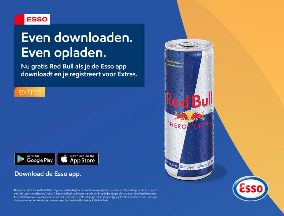 Tot 31 mei 2019: een gratis blikje Red Bull als je de Esso app downloadt en je registreert voor Esso Extras.